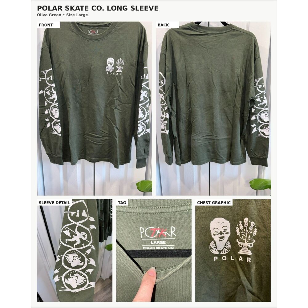 Polar Skate Co Olive Green Long Sleeve Shirt Large Graphic Sleeve Skate Tee